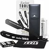 Rasoio Tradizionale da Barba/Rasoio a mano libera/Rasoio da barbiere con lama intercambiabile + Scatola di 5 lame doppie + Stick di allume + Panno per lucidare + Custodia ✮ BARBER TOOLS ✮ (Nero)