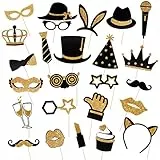 24 Pezzi Foto Props per Feste Foto Booth Compleanno Accessori Cappelli, Bicchiere di Vino, Rossetto, Cravatta, Corone e Altro per Festa di Varietà Compleanno Matrimoni (Oro)