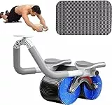 Umikk AB Wheel Roller - Rullo per addominali, con tappetino imbottito per ginocchia, 4D per esercizi addominali con supporto per gomiti, con doppie ruote stabili, blu (con timer)