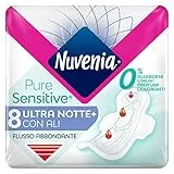 Nuvenia - Assorbente Pure Sensitive Ultra Notte con Ali - Superficie Delicata per Pelli Sensibili - Confezione da 8 Assorbenti