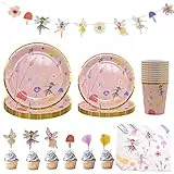 Simmpu Fata dei Fiori Stoviglie Compleanno Set 57 Pezzi Fata Tema Feste Decorazioni,Fata stoviglie per Feste,Inclusi Piatti,Tazze,Tovaglioli,Banner Cake Topper per Bambini Compleanno