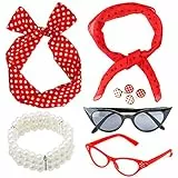 Beelittle Set di Accessori per Costume da Donna Anni '50 Sciarpa in Chiffon a Pois Bandana Tie Orecchini a Fascia Retro Cat Eye Eglasses Bracciale di Perle (Rosso)