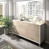 Dmora - Credenza Avez, Buffet da soggiorno, Madia moderna da salotto a 3 ante, 155x43h75 cm, Rovere e Bianco