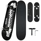 WeSkate Kd-3108d Skateboard per Bambini Adulti Principianti 80x20cm, Professionale 8 Strati di Acero Double Concavo Classico, per Ragazza Ragazzo, ABEC-11, Skate Borsa e T Tool, dinosauro nero, unica