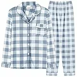 Chickwin Pigiama Donna Invernale Maniche Lunga Top con Bottoni e Pantaloni Pigiami Due Pezzi Plaid Giapponese Set Pigiama con Tasca Casuale Super Morbidi e Comodi (Blu,XXL)