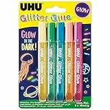 UHU Glitter Fluorescente Glue Glow In The Dark, Si Illumina Al Buio, Oro, 5 x 10 ml