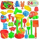 JOYIN 24 Giocattoli per Sabbia e Spiaggia per Bambini Giochi Sabbia e Spiaggia Inclusi Sabbia e Acqua Ruota, Veicolo per Sandbox, Stampi, Pala, Borsa, Secchiello Spiaggia