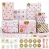 FullJoyHut 7 Fogli Carta da Regalo Nera Oro Bianca 70X50CM con 12 Adesivi, 8 Etichette Regalo Carta Kraft, 2 Rotolo Corde Luta Metallico Confezione Regalo per Donna,Baby Shower,Compleanno,Natale