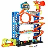 Hot Wheels City - Mega Garage, Playset con quattro livelli di gioco e drago divora auto, con 2 macchinine die-cast e box per riporre 50 veicoli in scala 1:64, giocattolo per bambini, 4+ anni, HKX48