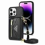 ESONG Cover per iPhone 14 PRO,con 4 Porta Carte Slot/Chiusura Magnetica,Antiurto Flip Wallet Protettiva Case con Supporto/Laccio Tracolla,Custodia in Pelle PU Premium,Nero