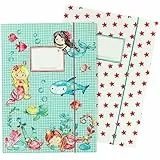 2 cartelle scolastiche di alta qualità per bambini DIN A4 | motivo sirena - cartella postale per studenti di scuola elementare - raccoglitore di quaderni - pinzatrice a sella - set numero 1