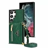 ESONG Cover per Samsung Galaxy S23 Ultra,con 4 Porta Carte Slot/Chiusura Magnetica,Antiurto Flip Wallet Protettiva Case con supporto/Laccio Tracolla,Custodia in pelle PU premium,Verde