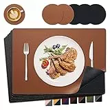 NOSTHEART Tovagliette Americane e Sottobicchieri, Lavabili Tovagliette in Pelle Resistenti al Calore con Bordi Cuciti, Tovagliette in Antiscivolo Impermeabili a Doppia Faccia, Nero Marrone, Set di 6