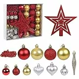 LEMESO Palline di Natale Decorazioni Albero di Natale 50 pz Addobbi Pendenti Ciondoli Ornamenti Infrangibili da Appendere Nozze Casa Negozio Parete Finestre Rosso Oro Argento
