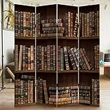 BAKAJI Paravento Separè 4 Pannelli Struttura in Legno Rivestimento in Tela con Stampa Fronte Retro Libreria Antica Divisorio Richiudibile Pieghevole (180x160cm)