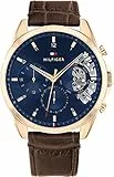 Tommy Hilfiger Orologio Analogico Multifunzione al Quarzo da Uomo con Cinturino in Pelle Marrone Scuro - 1710453