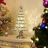 Lewondr Decorazione di Natale, Mini Albero di Natale in Vetro, Luci Decorative, Ornamento per Natale con Luce, Decorazione da Tavolo per Natale Festival, 35 cm Oggettistica Natalizia, Argento
