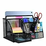 Portaoggetti da scrivania Dottall, in rete metallica, vassoio portapenne salvaspazio con cassetto estraibile, 6 scomparti ordinabili per notebook, tablet, telefono, penna (Nero)