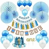 ZNZ 1st Birthday Party Decorations Boy - Primo Decorazione Festa di Compleanno per Bambini Kit Blu, Bandierine Stelle Filanti Palloncini Hanging Fan di Carta Set Cake Topper Cappellino 1 Anno Fascia