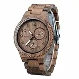 BEWELL Orologio Uomo Legno Analogico Al quarzo con Cinturino in Legno Data Calendario Tondo Luminosità Casual (Nero)