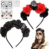 Pipihome Cerchietto di Halloween, Nere Rose Accessori per Capelli con Fascia Teschio Gotico, Accessori per tatuaggi temporanei per il viso per Festa di Halloween Costume Accessori (A)