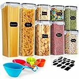 Jovego 8 contenitori per alimenti ermetici, contenitori per cereali, scatole di immagazzinaggio da cucina in plastica sigillate con coperchio barattoli, senza BPA, con etichette e cucchiai