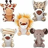 ANBOOR Set di 5 animali piccoli ripieni di peluche della giungla, 12 cm, simpatici animali di peluche safari con portachiavi per feste (seduti)