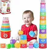 MOONTOY Giochi Impilabili per Bambino 1 anno,Giochi Bambini 1 anno con Lettere e Numeri da Impilare,Blocchi Colorati per Insegnare Forme, Numeri e Colori,Regalo per Compleanno e Natale per 1 2 Anni