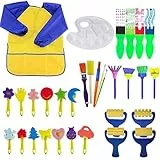 Queta Pennelli Spugne da Pittura per Bambini, 32 Pezzi Spugna per Bambini Sponge Brush Set, Grembiule Impermeabile Early Learning Art Craft DIY