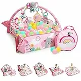 Bright Starts Palestrina 5-in-1 Rainbow Tropics, Evolutiva, Formato Maxi, Giocattoli Staccabili, Cuscino Ergonomico, Stimola lo Sviluppo della Motricita', Rosa, Grigio, 40 Palline con Borsa