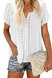 ORANDESIGNE Camicetta Donna Estiva Elegante Bluse Lino Curvy Scollo V Tinta Unita Tunica Crop Top Pizzo Casual Magliette Boho Chic Maniche Corte T-Shirt Spiaggia Sabbiosa Shirt a Bianca XXL