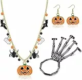 ORAZIO Set 3 Pezzi di Gioielli di Halloween per Donne Collana con Ciondolo Zucca con Teschio Fantasma di Orecchini a Goccia di Zucca Bracciali di Halloween Mani di Scheletro Elastiche per Donna Uomo