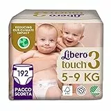 Libero, Pannolini Touch Open per Bambini, 192 Pannolini Taglia 3 per Bambini da 5-9 Kg, 4 Confezioni da 48 Pannolini Monouso