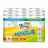Foxy Mega | Carta igienica 36 rotoli| 480 strappi| Decorata |100% Energia elettrica rinnovabile| Confezione prodotta con plastica riciclata
