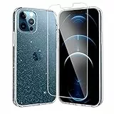 EasyAcc Custodia trasparente per iPhone 12 Pro con pellicola protettiva per schermo, con brillantini e retro in policarbonato rigido antiurto e morbido TPU, trasparente
