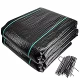 VOUNOT Telo Pacciamatura 2m x 25m 100g/m², con 50 Picchetti a U, Telo Anti Erbacce per Orto, Giardino, Stabilizzazione UV, Nero