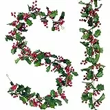 2Pcs Ghirlanda Natalizia Bacca Natale Ghirlanda 170CM Natale Ghirlande con Foglie di Agrifoglio e Bacca Ghirlande Natalizie per Vacanze Scale Invernali Capodanno Porta Camino Casa Decorazioni