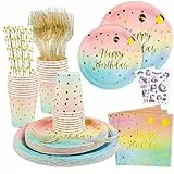 Stoviglie per feste di compleanno,152 Pezzi Rosa e Golden Dot Compleanno Stoviglie per Feste Con Piatto Di Carta Colorato,Tazza Di Carta, Forchetta, Tovaglioli, Cannucce, Adesivi Unicorno -25 Ospiti
