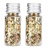 2 Bottiglie Oro Commestibile, Oro Alimentare Scaglie di Foglia d'oro Raffinata Perfette per la Decorazione di Torta Dessert Alimentari Vino Bevande Maschere Manicure