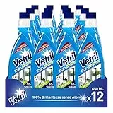 Vetril - Ricarica per Detergente Spray Vetri e Multiuso con Ammoniaca, Azione Sgrassante e Tecnologia Asciuga Rapido, in Ecoflacone, 650 ml x 12 Pezzi
