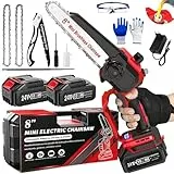 Mini Motosega a Batteria 8 Pollici, Motosega a Batteria per Potatura con 2 Batterie da 4,0Ah, Sega a Batteria per Potatura con Pompetta Olio e Tendicatena Senza Attrezzi (Rosso)