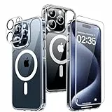 TAURI 5 in 1 Kit Magnetica Cover iPhone 15 Pro Max [Compatibile con MagSafe] con 2 Pellicola in Vetro Temperato e 2 Pellicola Fotocamera, Custodia Rigida per Sottile Anti-Ingiallimento - Trasparente