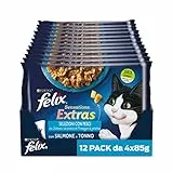 Purina Felix Sensations Extras Cibo Umido per Gatti con Salmone e Formaggio, con Tonno e Formaggio, 48 buste da 85g