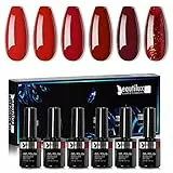 Beautilux Smalti Semipermanenti per Unghie Rosso, 6 Pcs 10ml Smalto Semipermanente Rosso Rosso Scuro Glitter, Soak Off UV Smalto Per Unghie per Manicure