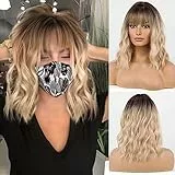 HAIRCUBE Lunghezza della spalla Parrucca Ricci Parrucche dei Capelli Ondulati Colore Bionda e Radici Scuri Parrucche per le Donne con Frangia