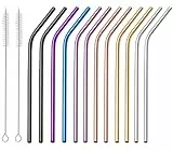 Ordiffi 12 Pezzi Cannucce Acciaio,Cannucce Metallo,Cannucce Riutilizzabili,Paglia Curva In Acciaio Inox 20.5cm,Con 2 Spazzole Per La Pulizia,6mm Dímetro,Per Cocktail,Tè Al Latte,Bevande