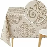 KP HOME Tovaglia Plastificata Rettangolare 140x200 cm Motivo a Barocco Damasco Tovaglia PVC Copritavolo Beige 6 Posti Tovaglia Plastica Cucina Lavabile Tovaglia Cerata Tavolo Impermeabili 200x140