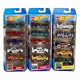 Hot Wheels - Confezione da 5 macchinine in scala 1:64, Assortimento da 15, 3 set da 5 veicoli a tema da collezione, dettagli autentici e decorazioni realistiche, giocattolo per bambini, 3+ anni,HNM05