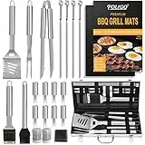 POLIGO 21Pcs Kit Accessori Barbecue in Acciaio Inox - Set Barbecue in Custodia di Alluminio - Regalo di Compleanno per Uomo Perfetto - Set di Utensili per Barbecue di Alta qualità