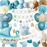 Baby Shower Decorazioni per Ragazzo, Baby Shower Boy, Benvenuto Nascita Bambino, Ghirlanda Palloncini Blu Marrone, Pompon di Carta, Mummy to be Sash, Topper Torta per Baby Shower Forniture